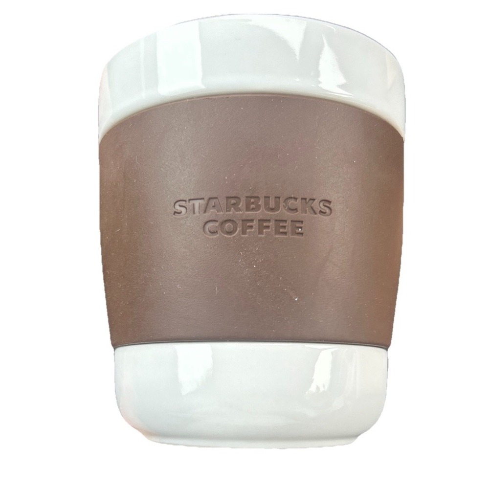 Starbucks Coffee Ceramic Tumbler White Brown Rubber Sleeve Handleless Mug 8oz